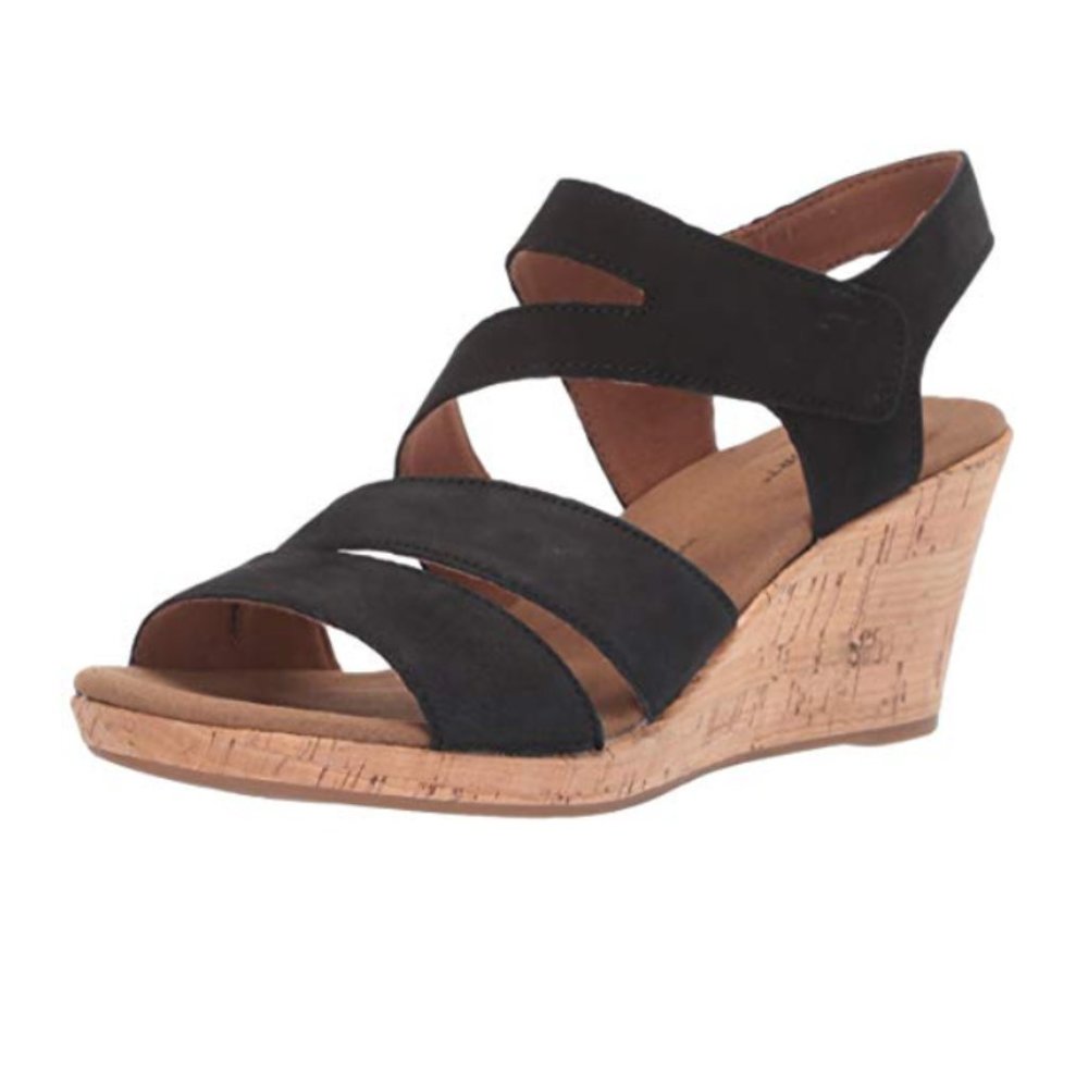 Rockport , Women's Briah Asym Wedge Sandal, Black Nubuck, Size 9 W